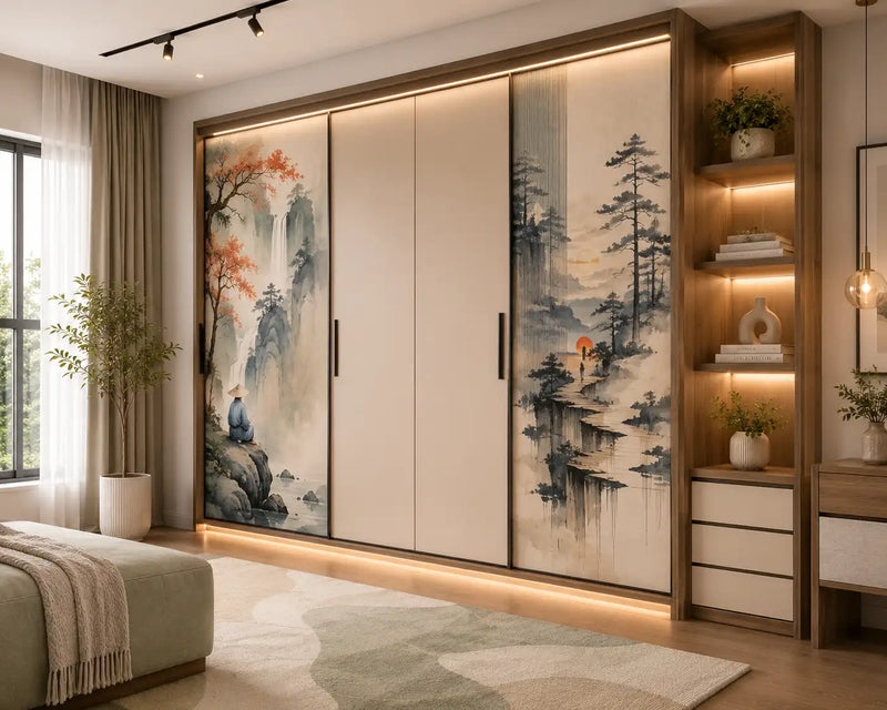 Modern bedroom with a large wardrobe featuring artistic door panels.