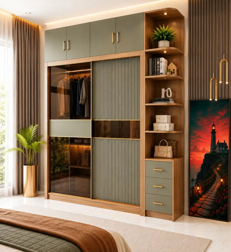 Modern wardrobe with sliding doors and open shelves in a bedroom setting.