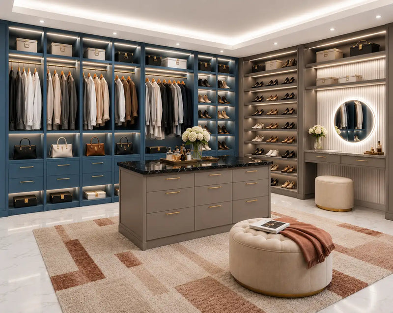 Modern walk-in closet with blue cabinets, shoe shelves, and a central island.