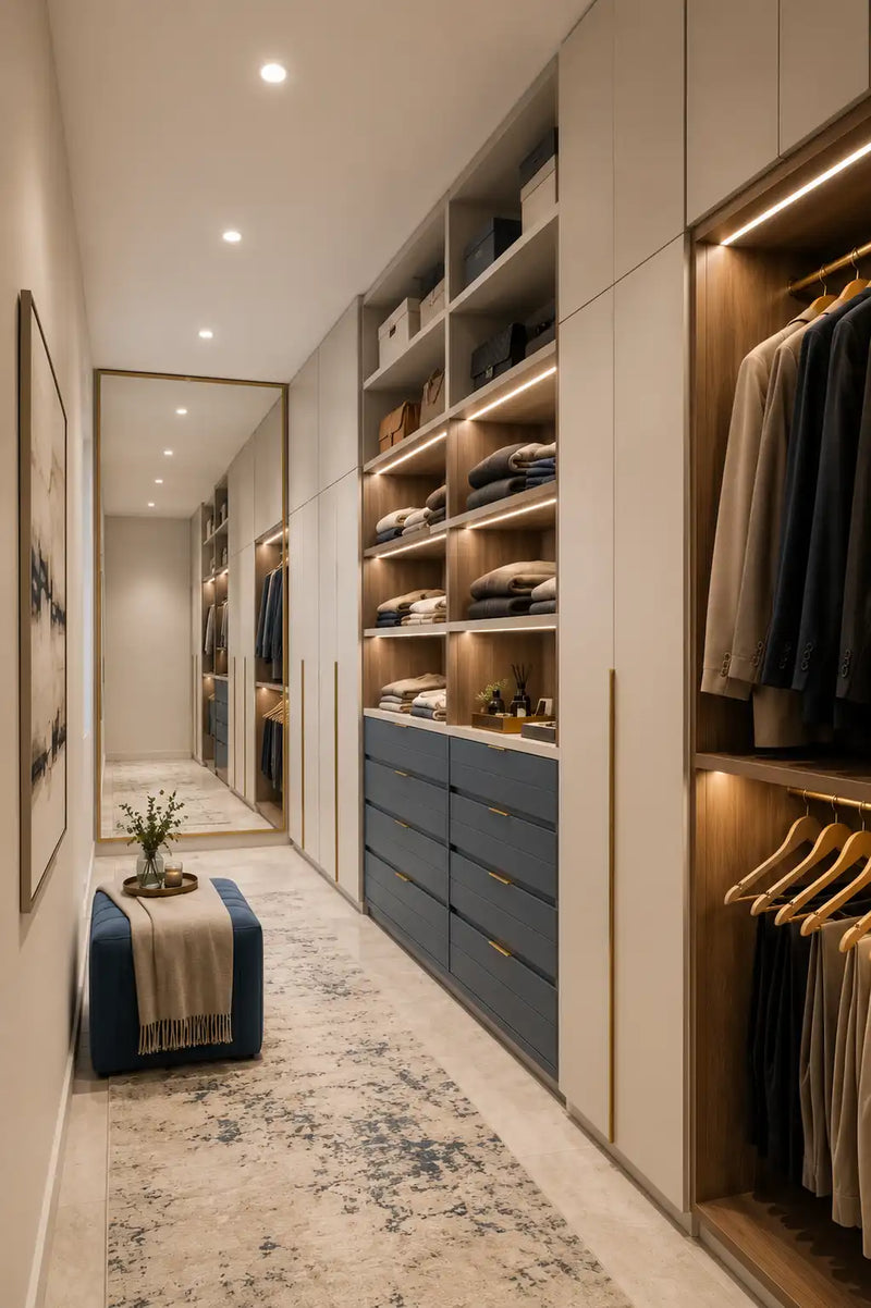 Modern walk-in closet with shelves, drawers, and hanging clothes.