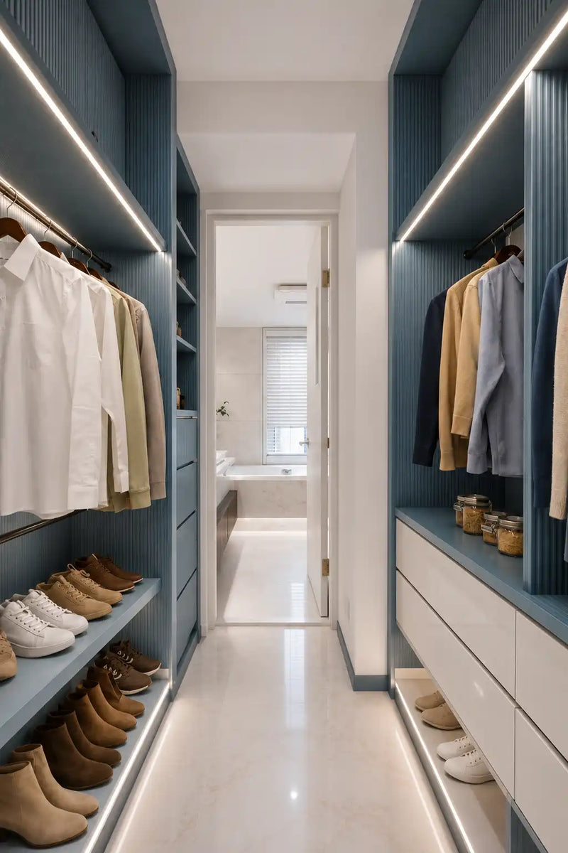 Modern walk-in closet with blue shelves, clothes, and shoes.