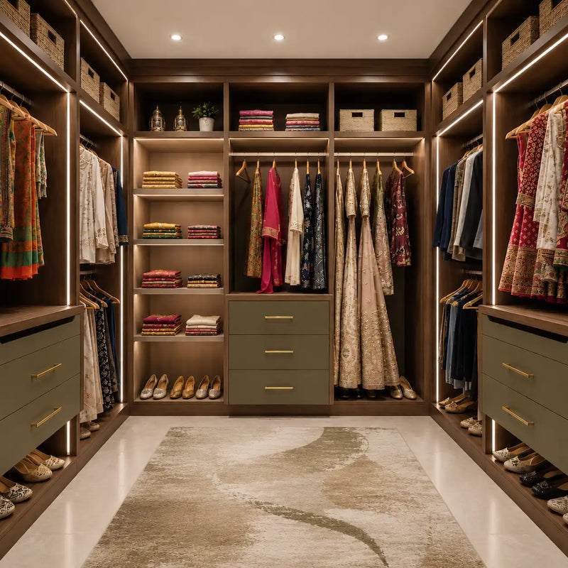 Modern walk-in closet with wooden shelves, hanging clothes, and drawers.