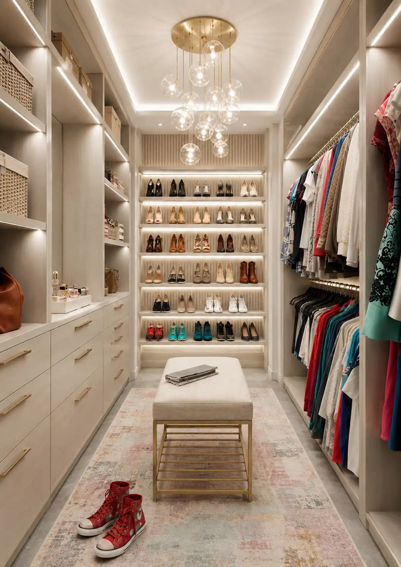 Modern walk-in closet with shelves, shoes, and clothing