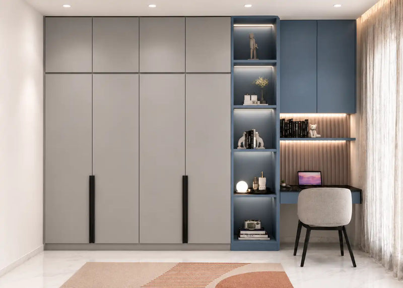 Modern interior with gray cabinets, shelves, and a chair.