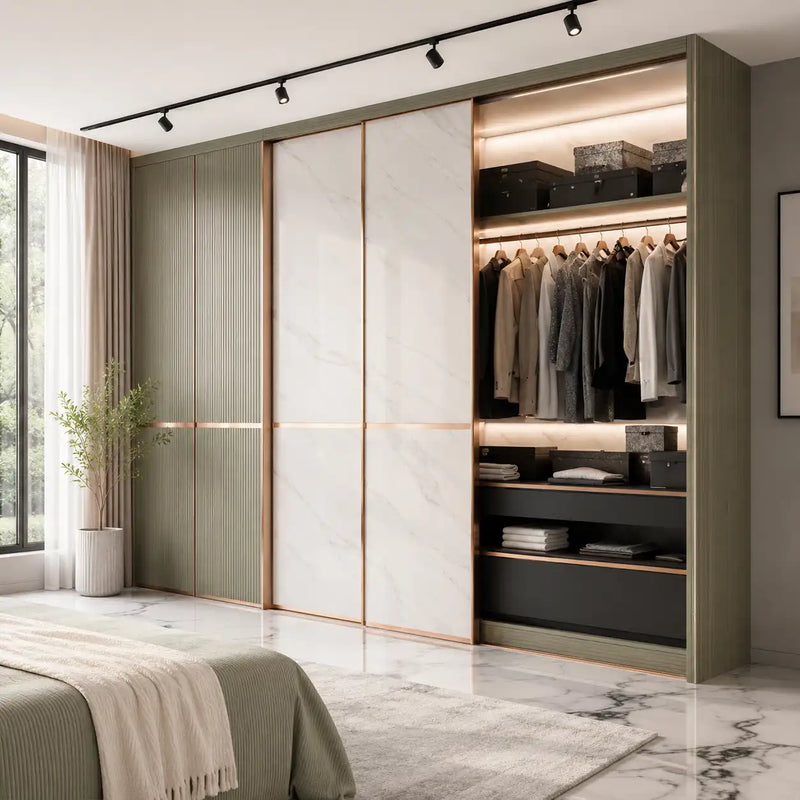 Modern wardrobe with sliding doors in a bedroom setting