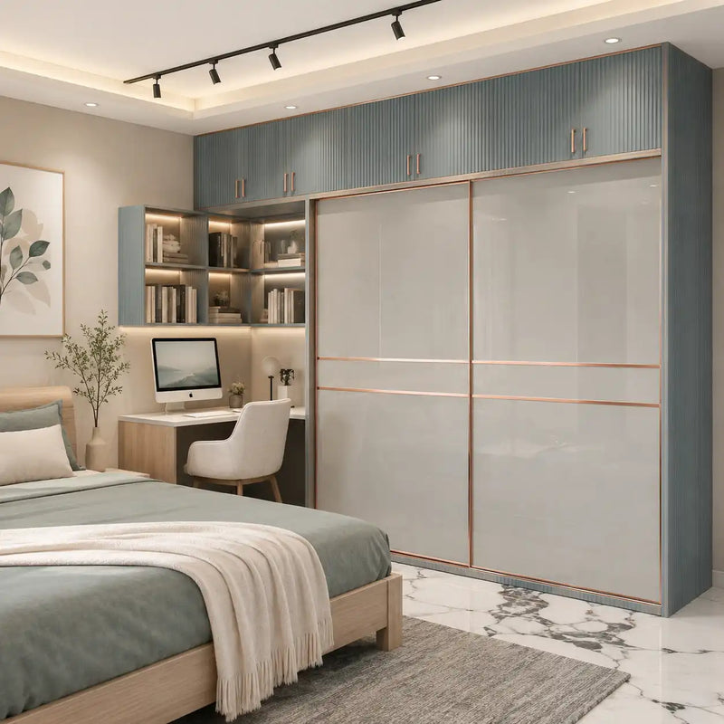 Modern bedroom with a bed, desk, and wardrobe.