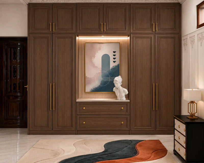 Wooden wardrobe with decorative elements in a room setting
