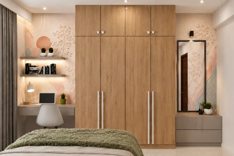 Wooden wardrobe in a bedroom with decorative elements and a bed.