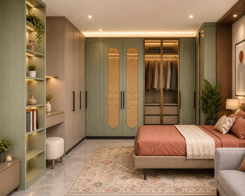 Modern bedroom with a wardrobe, bed, and shelves.